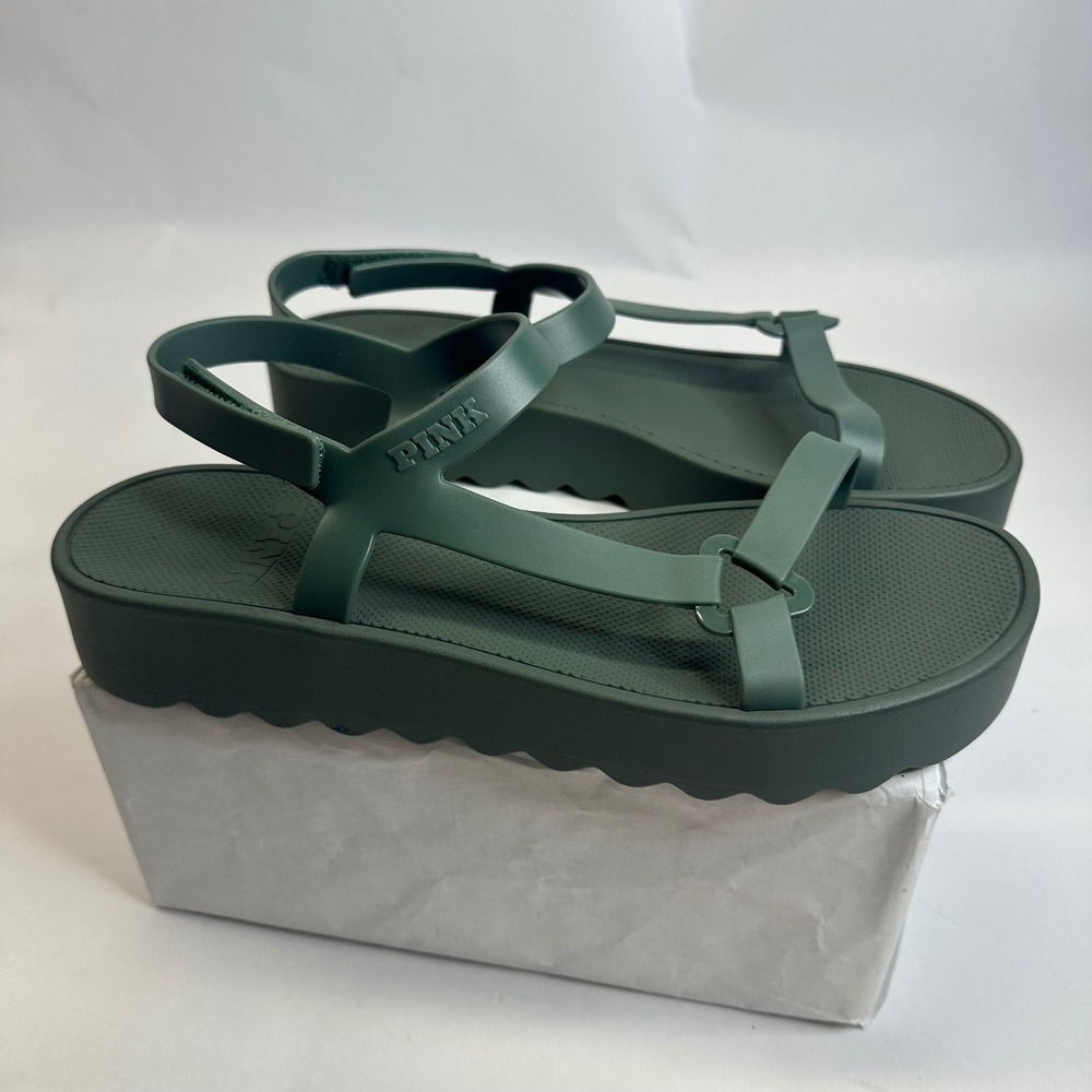Victoria's Secret PINK Platform Sport Sandals Forest Green Strappy XL 11/12
